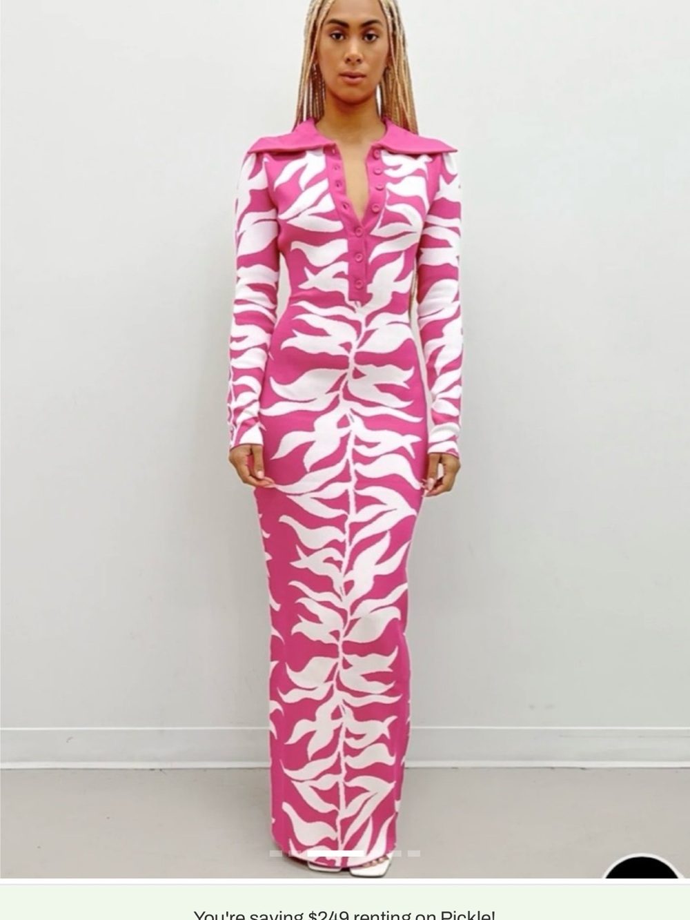 HANIFA Long Sleeve Pink & White Printed Knit Maxi Dress 1x